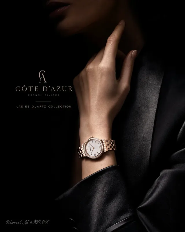 A woman's hand and wrist wearing a luxury watch are illuminated by a spotlight against a dark, textured background. Selective light highlights the watch and skin, emphasizing elegance and mystery.