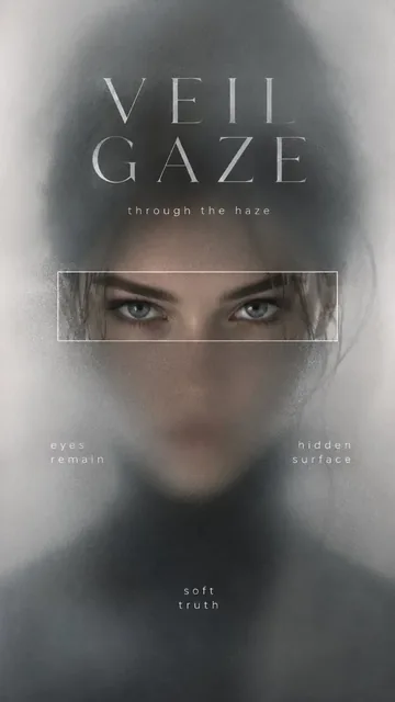 A cinematic poster with a heavily blurred portrait, and a sharp, focused reveal area highlighting a specific feature like an eye or a fragment of the face.