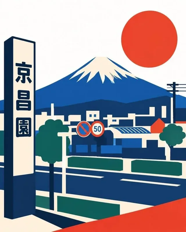 Minimalist vintage Japanese travel poster illustration of a city scene with geometric buildings, rounded trees, and a prominent landmark, using a bold retro color palette and flat vector shapes.