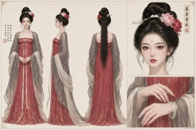 Full body and close-up character design of a Tang Dynasty imperial concubine, featuring detailed face, hands, and traditional attire.