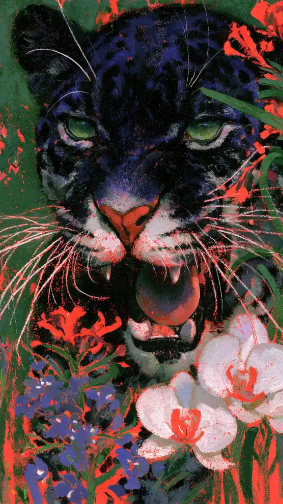 A close-up, textured painting of a black panther with green eyes and an open mouth, surrounded by vibrant red and green foliage and white orchids.