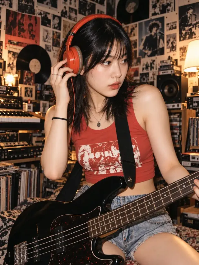 Low-angle portrait of an adult East Asian female bassist holding a black electric bass in a vintage indie music studio with Y2K aesthetic.