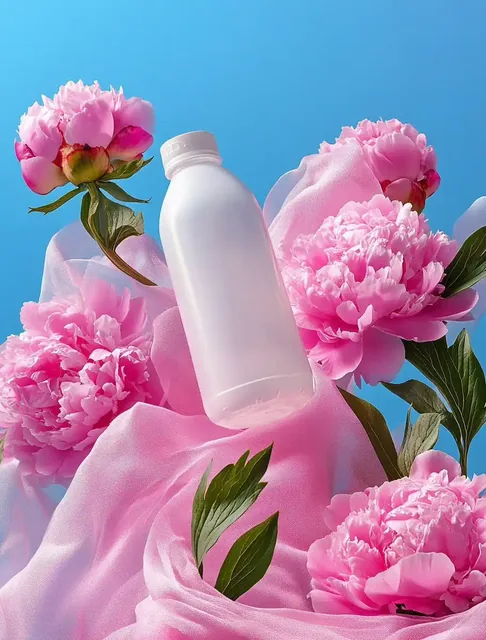A white plastic bottle-jug suspended in mid-air, surrounded by pink peonies, green leaves, and pink fabric, with a blue sky background.