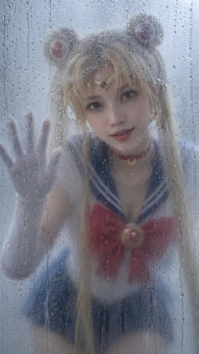 A photorealistic portrait of an adult character looking through a glass covered in condensation and water droplets, with only the face area wiped clear.
