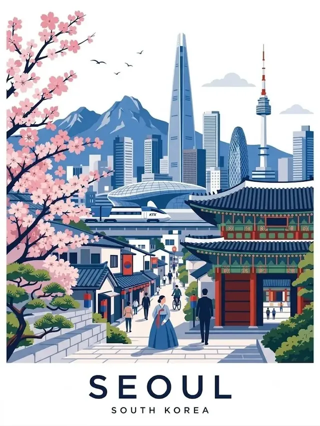 Retro flat-vector travel poster of [CITY], [COUNTRY], featuring a mix of traditional and modern elements, local people, and iconic landmarks in a vintage style.