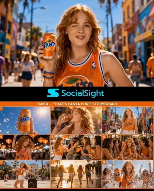 A smiling young woman with blonde hair holds a Fanta can, with a vibrant summer city scene in the background.