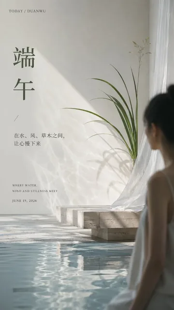 A vertical, minimalist poster for the Duanwu Festival, featuring a young Asian woman's back in a serene, modern Oriental space with soft light and subtle hints of traditional elements.