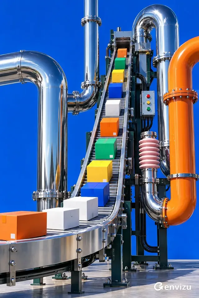 A hyperrealistic, clean, and polished futuristic package sorting machine with vibrant colored boxes against a deep cobalt blue background, featuring stainless steel pipes and an orange conduit.