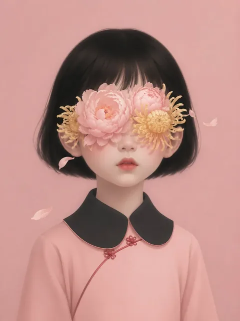 A young child with pale skin and a modern bob haircut, wearing a pink contemporary Chinese dress, has their eyes completely covered by large pink peonies and yellow chrysanthemums, set against a muted pink background with a dreamy, unsettling atmosphere.