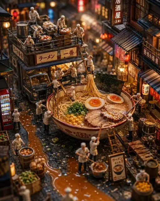 Ultra-realistic miniature diorama of tiny chefs in a Tokyo alley assembling a giant bowl of ramen, with macro tilt-shift perspective and shallow depth of field.