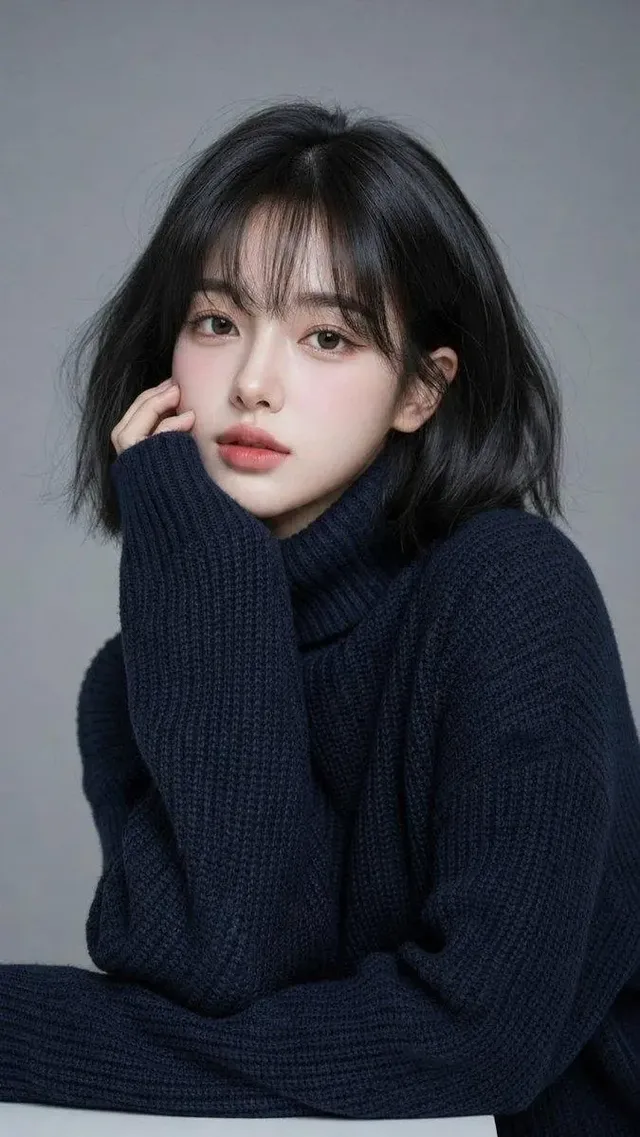 Studio portrait of a beautiful young East Asian woman with short wavy black hair, wearing a dark navy turtleneck sweater, resting her chin on her hand against a muted grey background.