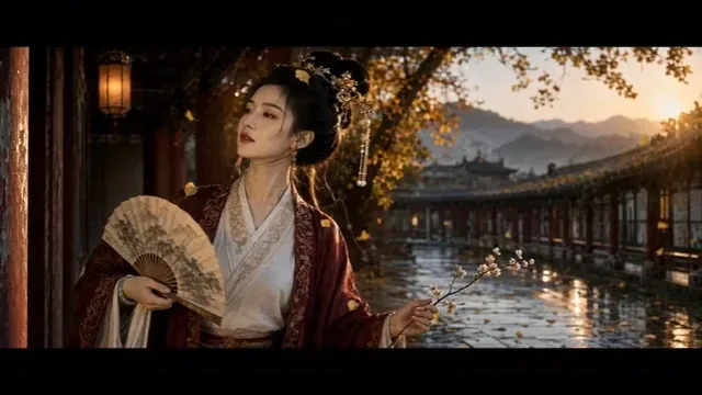 A serene ancient Chinese beauty in a red Hanfu with golden hair ornaments stands in a palace corridor during golden hour, with falling leaves and soft light.