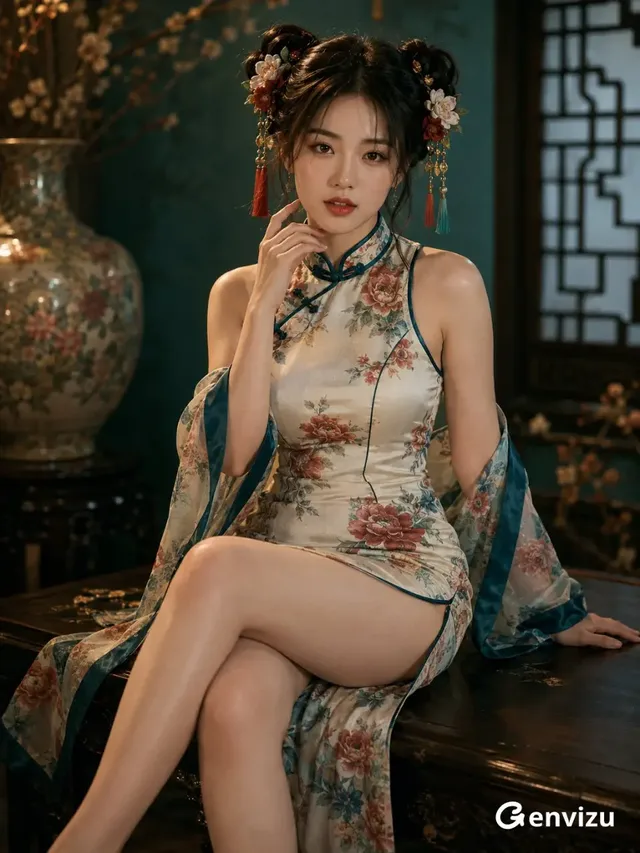 A young East Asian woman with elaborate floral buns and a qipao is seated gracefully on a table, looking directly at the camera with a calm expression. The setting is a traditional interior with soft lighting.