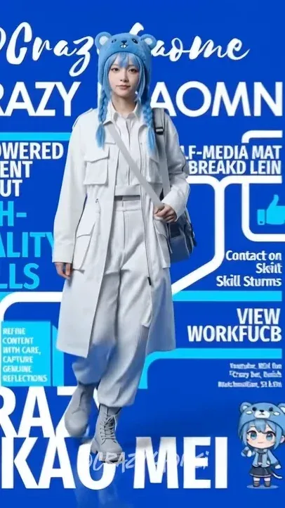 Animated character with blue braided hair and a white utility outfit walking forward, dodging and looking at floating graphic elements against a scrolling blue background.