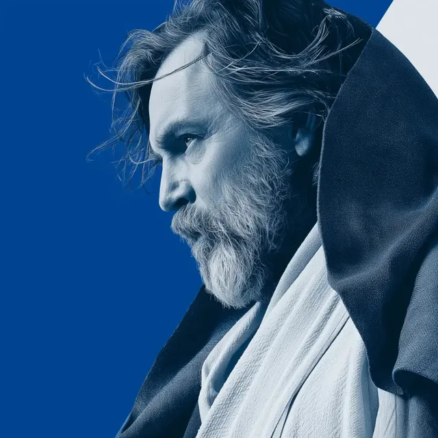 Luke Skywalker in a dramatic, monochromatic portrait with a blue background.