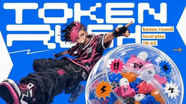 Manga character in streetwear poses next to large white pixelated text 'TOKEN RUSH' and an oversized gacha capsule machine globe.