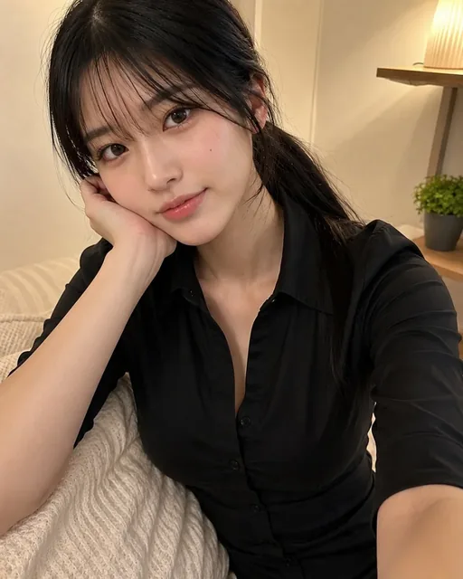 Young Japanese girl with black ponytail taking a casual selfie in a school uniform.