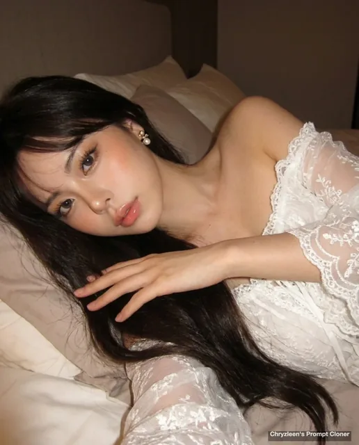 A woman with dark hair reclines on a bed, wearing a white lace blouse and looking dreamily at the camera, captured with a vintage 2000s digital camera aesthetic.