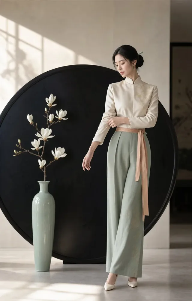 A 20-30 year old East Asian woman with a classical face and natural skin, wearing an ivory white stand-collar top and jade green wide-leg pants, posing elegantly in a minimalist studio with a black lacquer screen and a white magnolia.