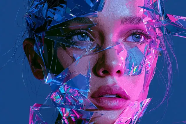 A subject broken into geometric shards, reflecting iridescent light, rendered in a limited color palette of [COLOR1] and [COLOR2].
