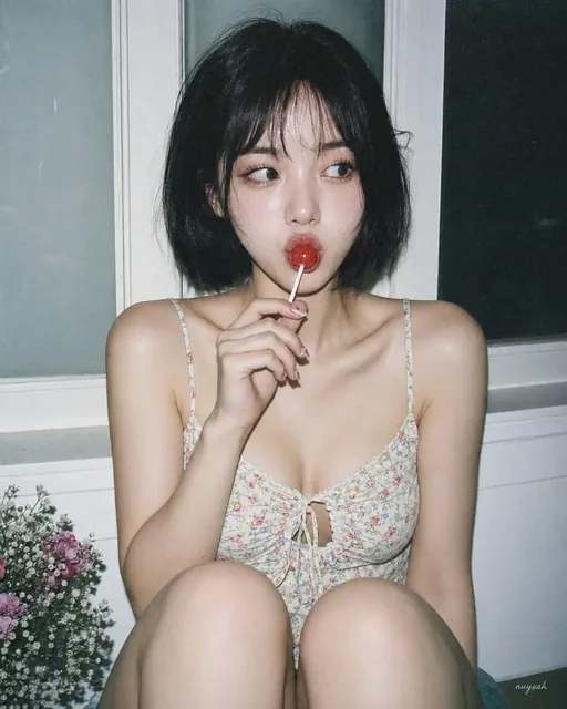 A young woman with a black bob haircut and a lollipop sits with knees raised, looking slightly away from the camera in a 90s flash photography style.