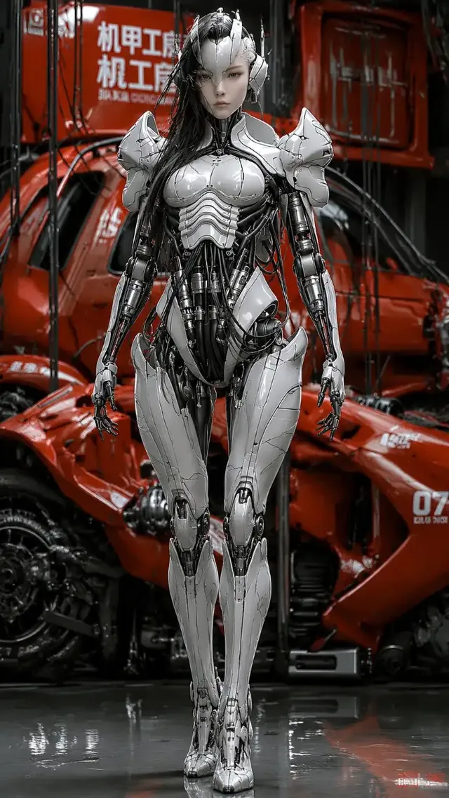 Full-body portrait of a hyper-realistic female cyborg with East Asian features, one eye cybernetic, detailed white armor and black mechanical components, standing in a futuristic workshop.