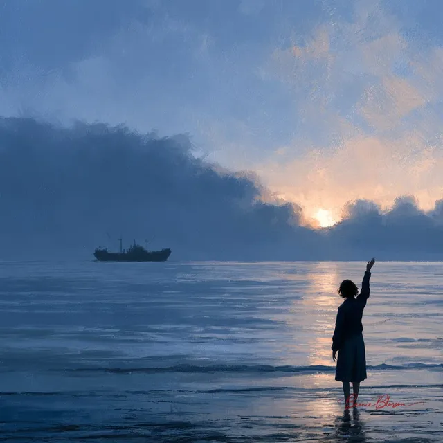 A woman standing on a quiet beach at blue hour, waving goodbye to a departing fishing boat against a glowing horizon with soft painterly brushwork.