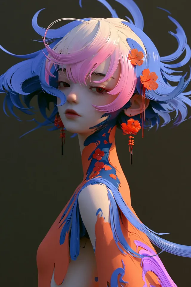 A 3D render of a surreal anime character with flowing blue and pink hair and orange floral details.