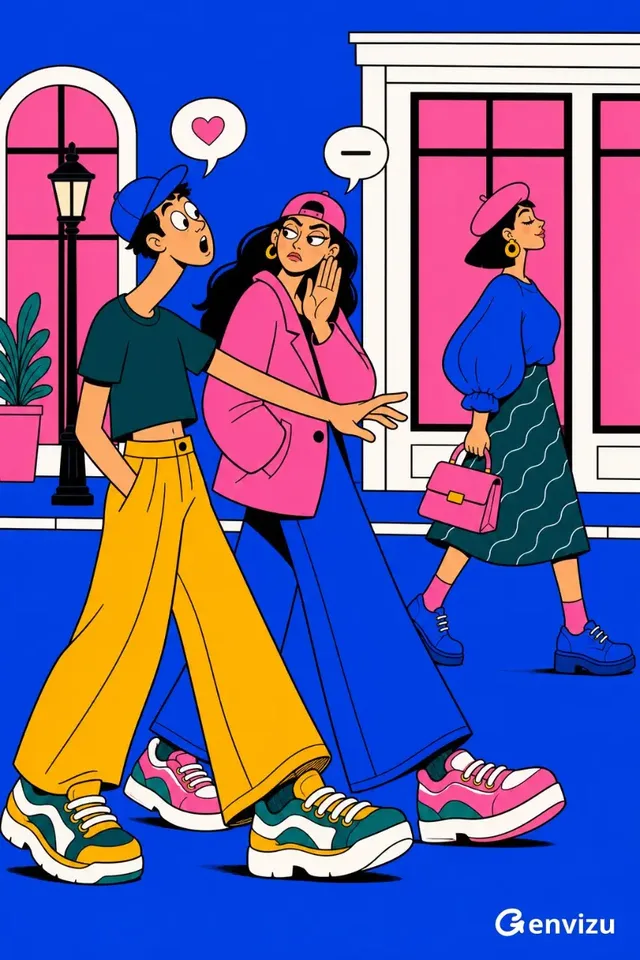 Three stylized adults with exaggerated proportions and large shoes walk down a colorful city street; one man looks admiringly at a woman, who frowns in disbelief.