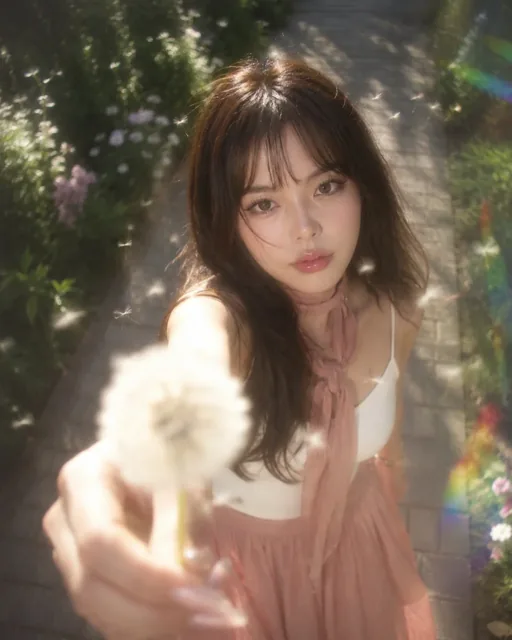 A young woman with a tender expression looks up at the camera, offering a blurred dandelion puff while her hair and the flower seeds are in motion.