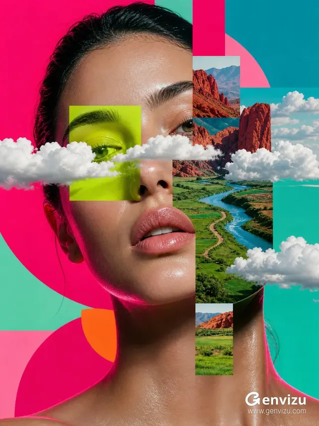 Vertical 3:4 digital collage poster with high saturation. Teal and magenta background with large geometric shapes. Close-up of a woman's head and shoulders, dark hair, calm expression, face fragmented by hard-edged rectangles.
