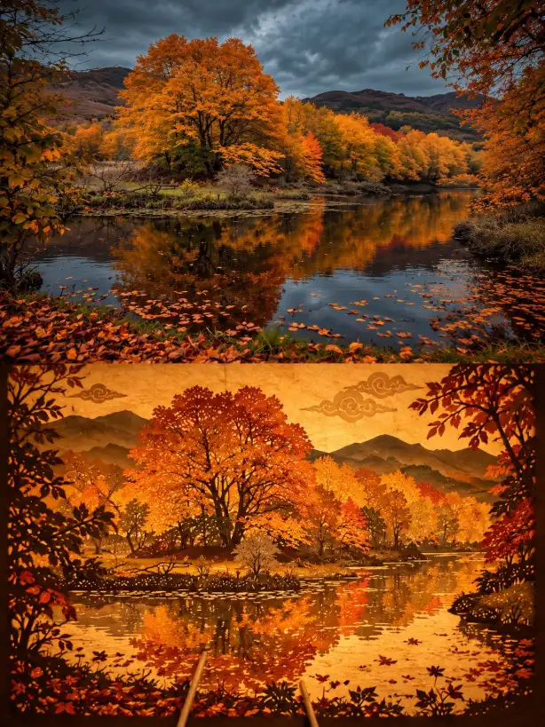 Vertical art poster featuring a photographic portrait on top and its traditional Chinese shadow puppet reinterpretation on the bottom.