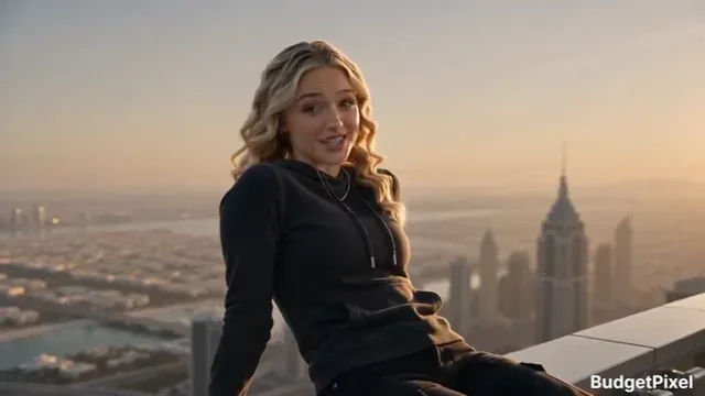 Young woman with blonde hair jumping off the Burj Khalifa and swinging between skyscrapers in Dubai.