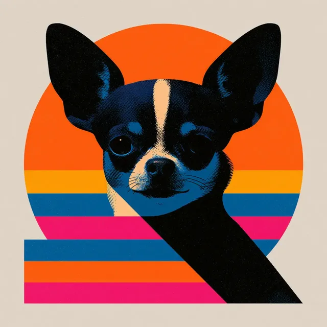 A stylized illustration of a chihuahua's face against a background of a large orange circle with horizontal stripes in yellow, blue, and pink, and a solid beige border.