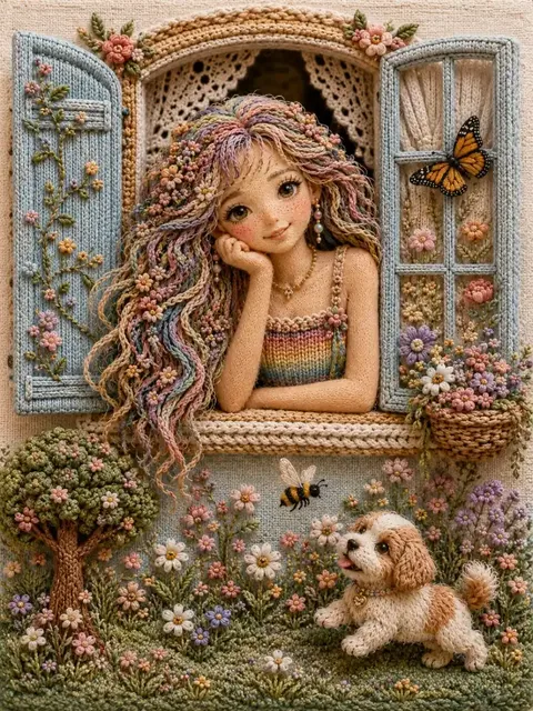 3D embroidered scene of a whimsical girl with yarn hair leaning from a window, with a puppy in the meadow below.
