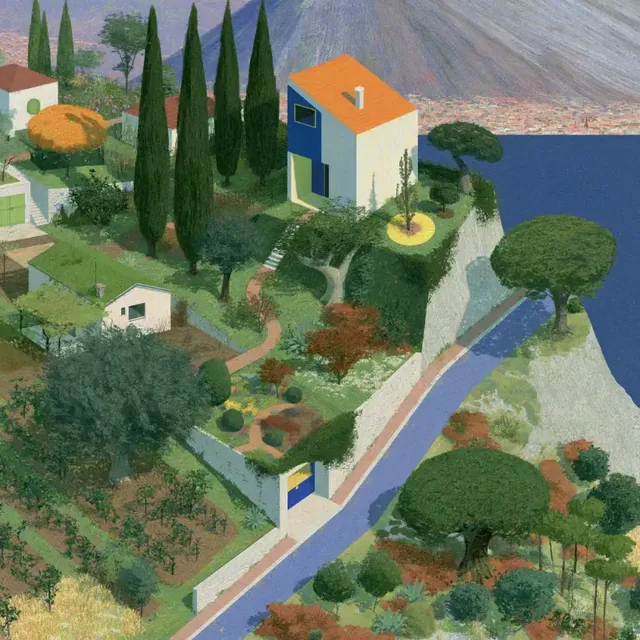 An isometric view of a Mediterranean-style village with a modern house on a cliff overlooking the sea, rendered in a detailed illustration style.