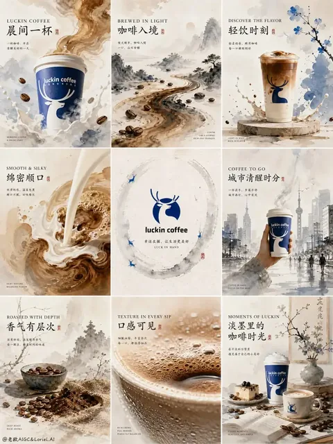 A 3x3 grid of elegant panels for a Luckin Coffee advertising campaign, featuring ink wash and watercolor art, premium product shots, and Chinese-inspired design elements.