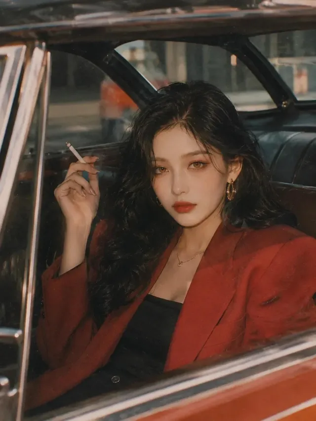 Medium close-up portrait of a woman with wavy black hair, wearing a burgundy blazer and holding a cigarette, seated in the rear of a vintage car, bathed in warm golden hour light.