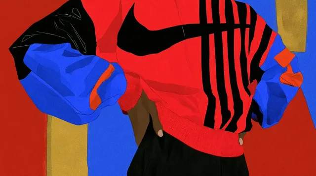 Close-up of a person wearing a red and black striped jacket with blue sleeves, against a background of red and yellow geometric shapes, in a bold pop art style.