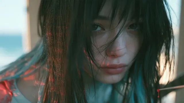 A melancholic Japanese idol girl standing alone in a minimal room with ethereal lighting, floating particles, and a dreamy shoegaze atmosphere.