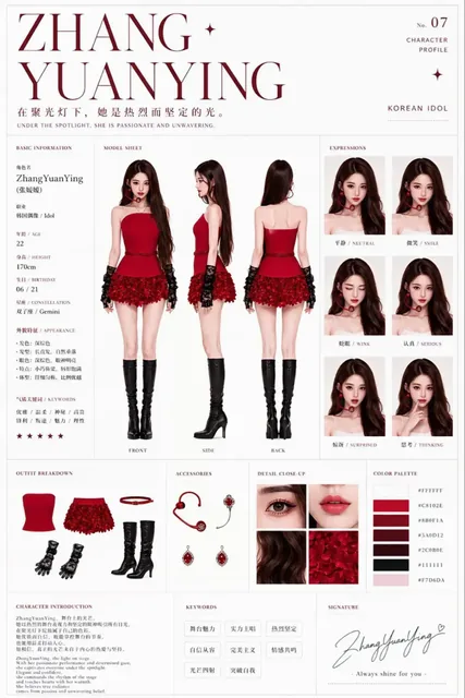 A character design sheet with front, side, and back views of a character, along with facial expressions, information, and clothing details.