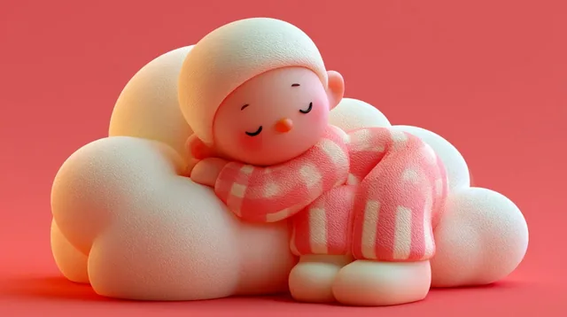 A cute 3D cartoon character with closed eyes, wearing pink pajamas, sleeping on a fluffy white cloud.