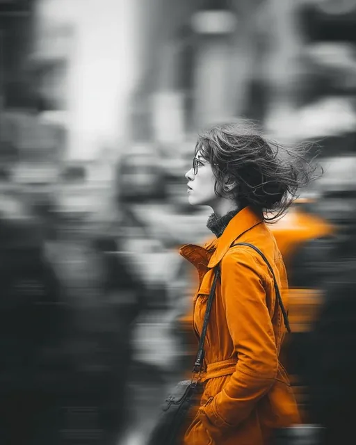 A young woman with a sharp focus and a vibrant orange trench coat walks through a black and white city street, with blurred pedestrians suggesting motion.