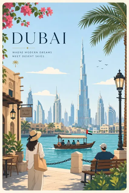 Minimalist flat-vector travel poster featuring a city's landmark and local elements, with refined typography.