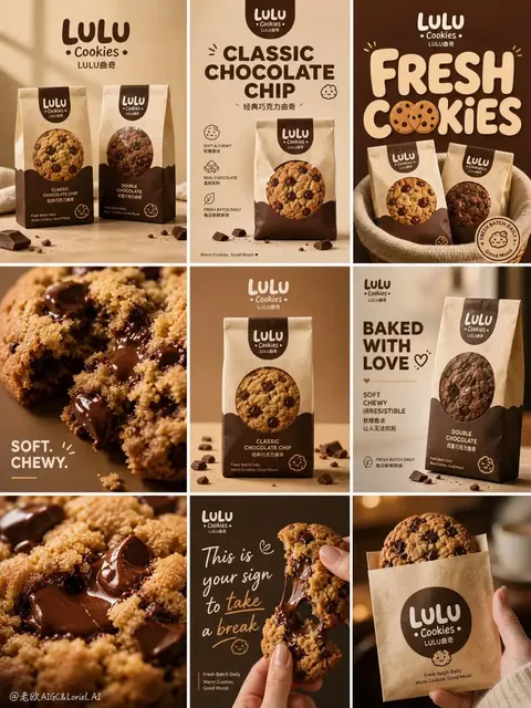 A 3x3 grid presentation board for LULU Cookies, featuring packaging, close-ups of cookies, and typography in a warm, premium bakery style.