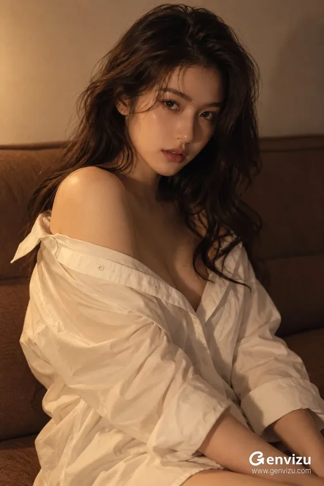 Close-up portrait of a woman in a white shirt, lit by warm side light with natural textures and a soft shadow.