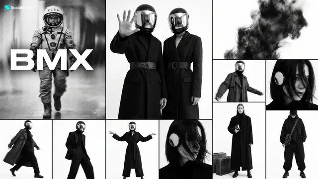 Nine-panel grid moodboard of a fashion editorial. Figures wear avant-garde outfits inspired by cosmonaut gear, featuring mirrored visors, dark tailored coats, and dramatic motion blur. High contrast black and white photography.