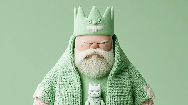 A 3D render of a king-like character with a crown and beard, wearing a green knitted robe, with a smaller cat-like character in front, against a pastel green background.