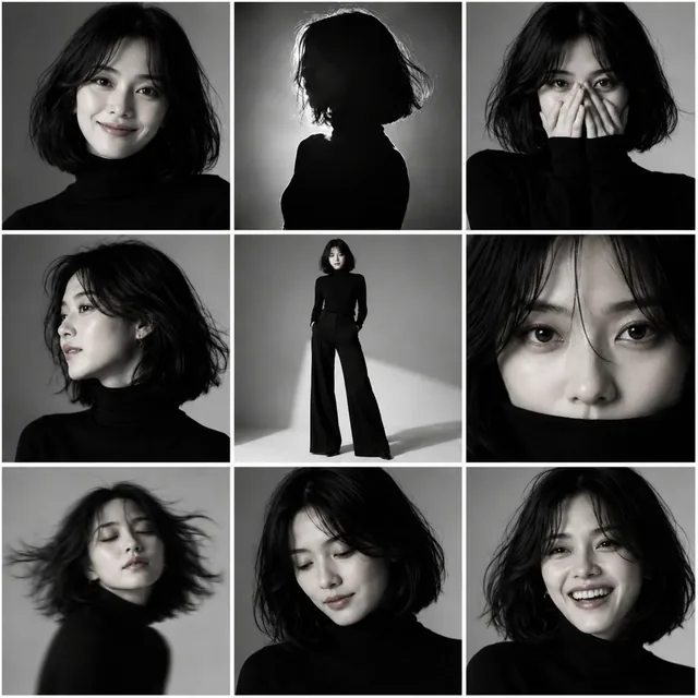 A 3x3 grid of black and white portraits featuring the same person in various poses and lighting conditions, with dramatic shadows and a fine-art film grain aesthetic.