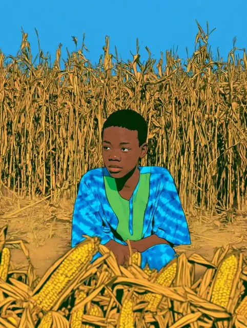 A young African boy wearing a traditional adire tie-dye dashiki, standing in a field of dried golden maize stalks, with warm sunlight and dust in the air.